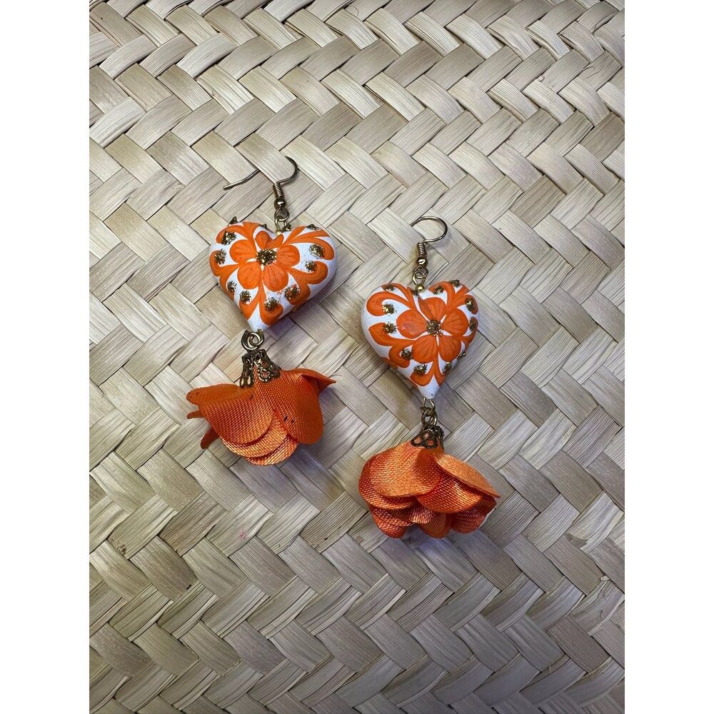 Orange Wood Heart Earrings Hand Painted Mexican Folk Art Oaxaca Floral Dangle